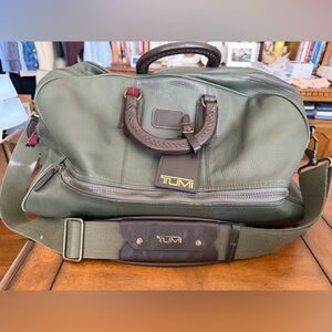 TUMI Olive Green Leather Weekender Bag